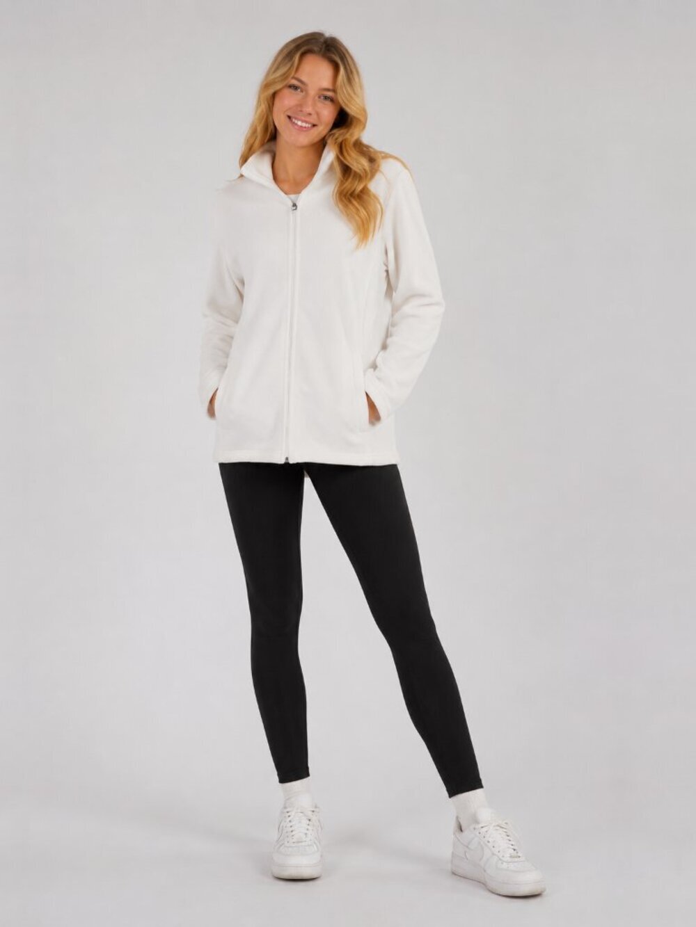 2/$30 Lands' End Full Zip Fleece Jacket w Kangaroo Pockets White 1X #A2135